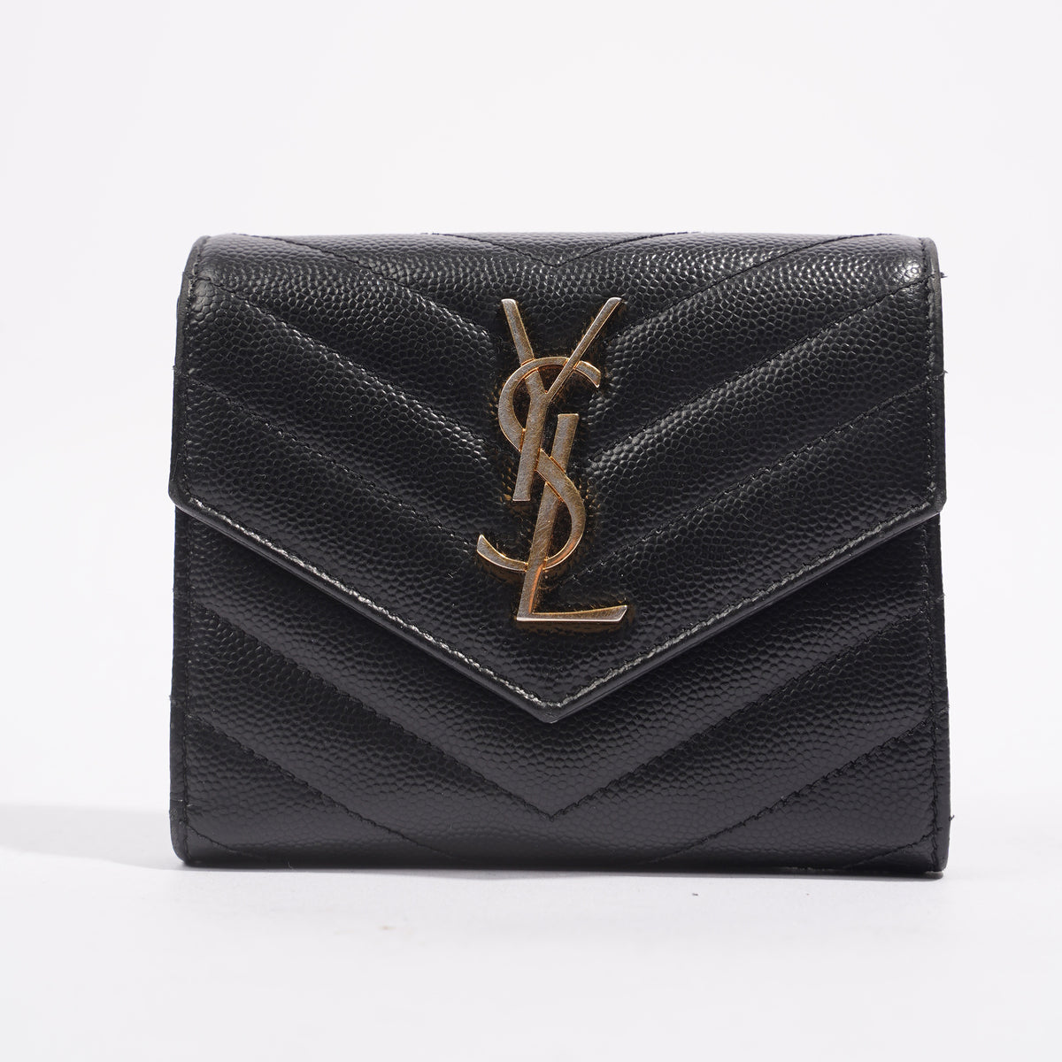 Saint Laurent Womens Compact Tri Fold Cassandre Wallet Black Leather ...