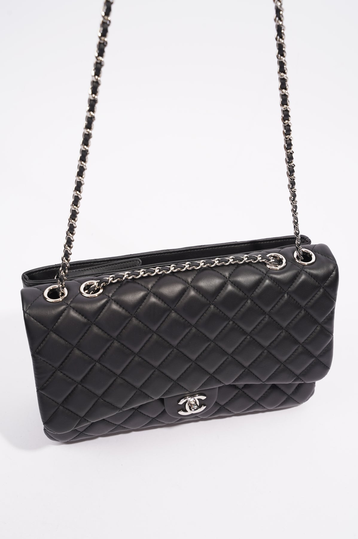 Chanel Quilted Lambskin Leather Tote Beige And Black with Silver