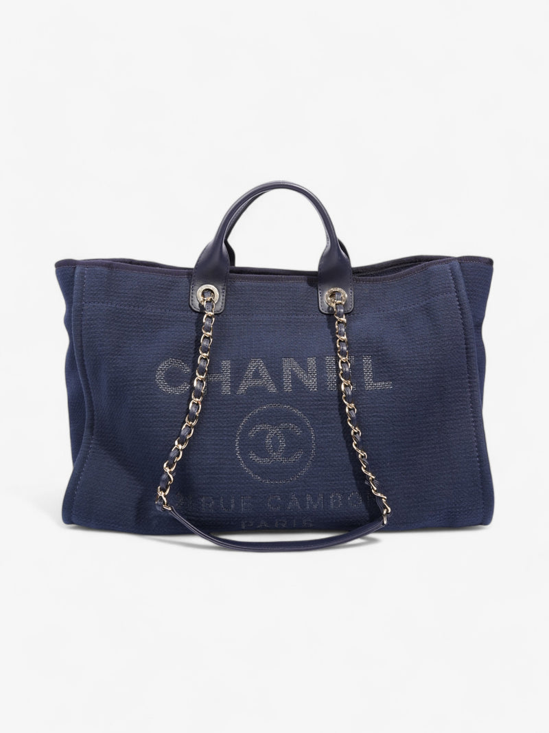  Chanel Deauville Tote Navy Blue Fabric Large