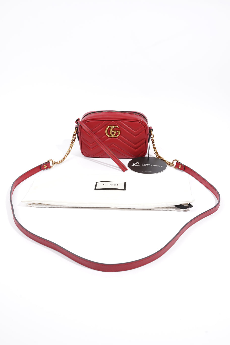 Mini GG Marmont Chain Hisbiscus Red Calfskin Leather Image 8