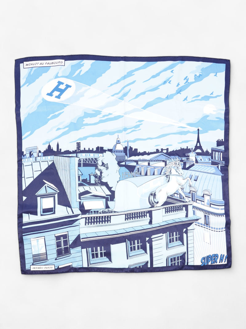  Hermes Minuit Au Faubourg Scarf Blue  / White Silk