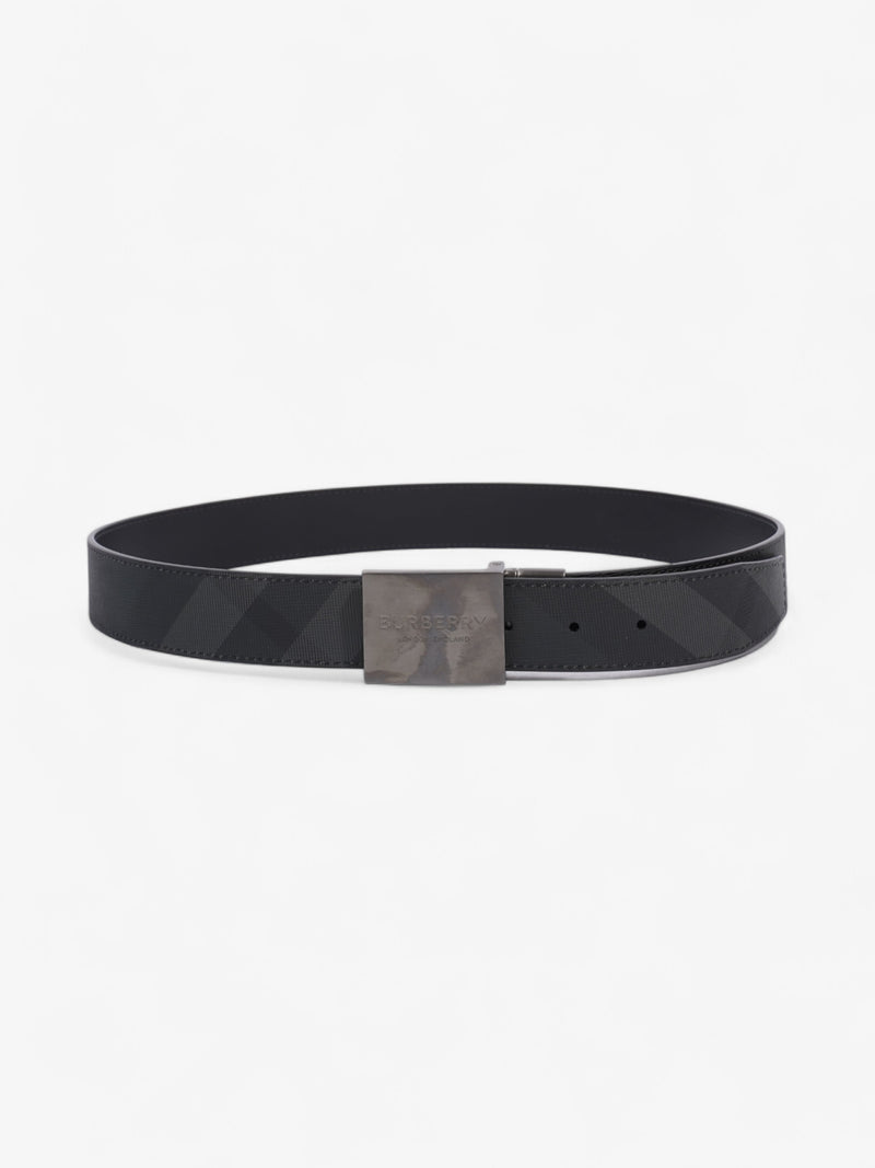  Burberry Reversible Plaque Buckle Check Belt Charcoal / Graphite / Silver Coated Canvas 90cm / 36