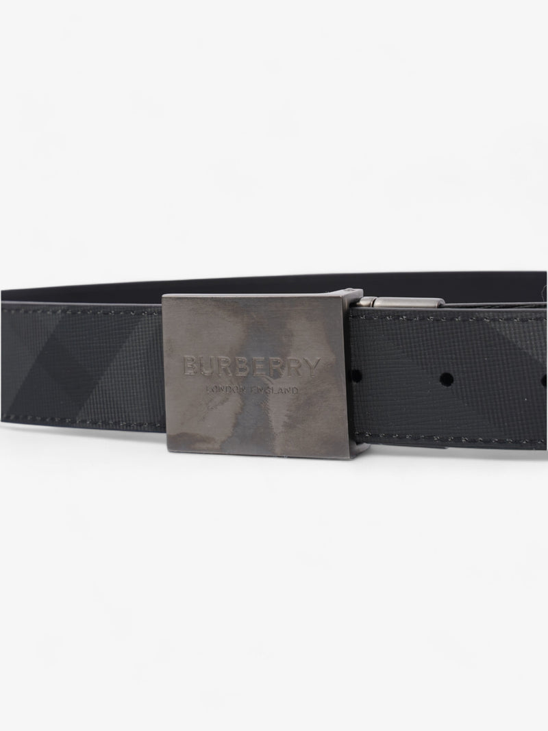  Burberry Reversible Plaque Buckle Check Belt Charcoal / Graphite / Silver Coated Canvas 90cm / 36