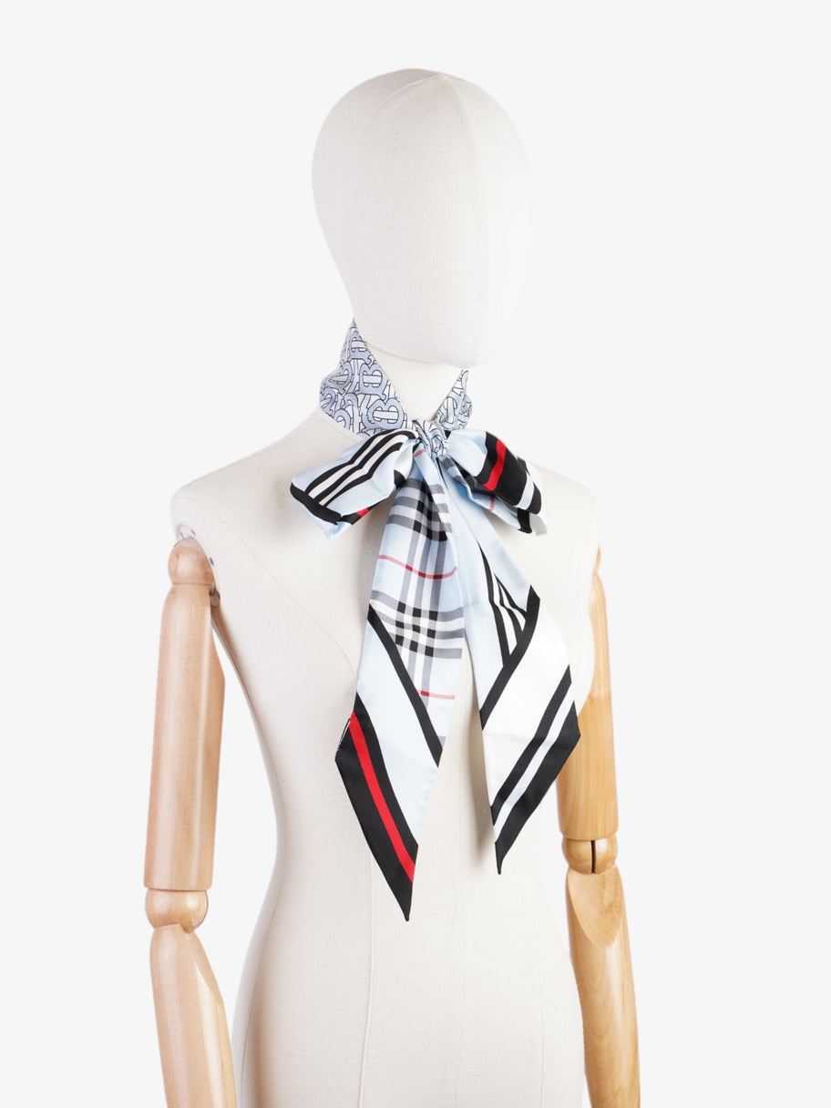 Burberry Triple Check Monogram Stripe Skinny Scarf Pale Blue Silk Image 2