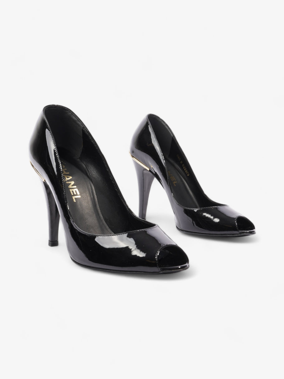 Chanel CC Logo Peep Toe Heels 85mm Black Patent Leather EU 38.5 UK 5.5 Luxe Collective