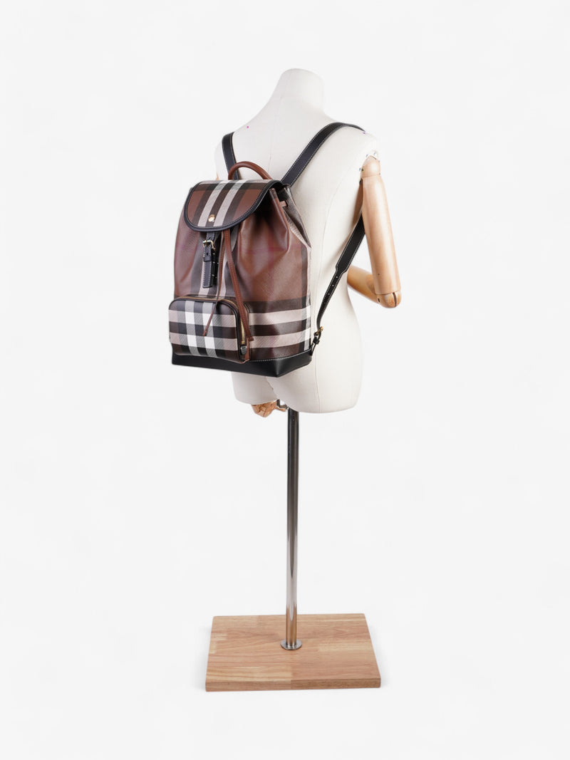  Burberry Check Backpack Dark Birch Brown / Black Coated Canvas Medium