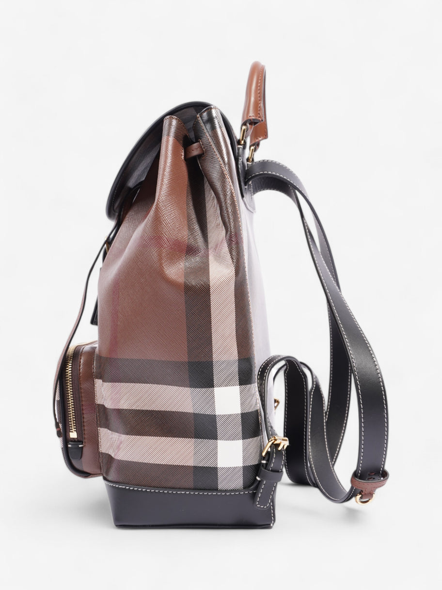 Burberry Check Backpack Dark Birch Brown / Black Coated Canvas Medium Image 3