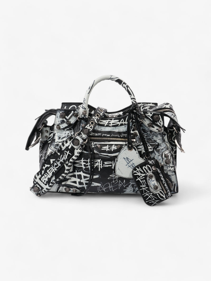  Balenciaga Neo Cagole Graffiti City Bag Black / White Lambskin Leather Medium