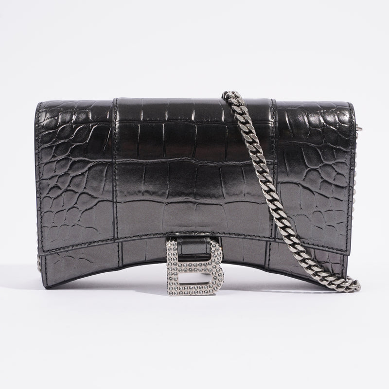  Hourglass Chain Croc Black Calfskin Leather