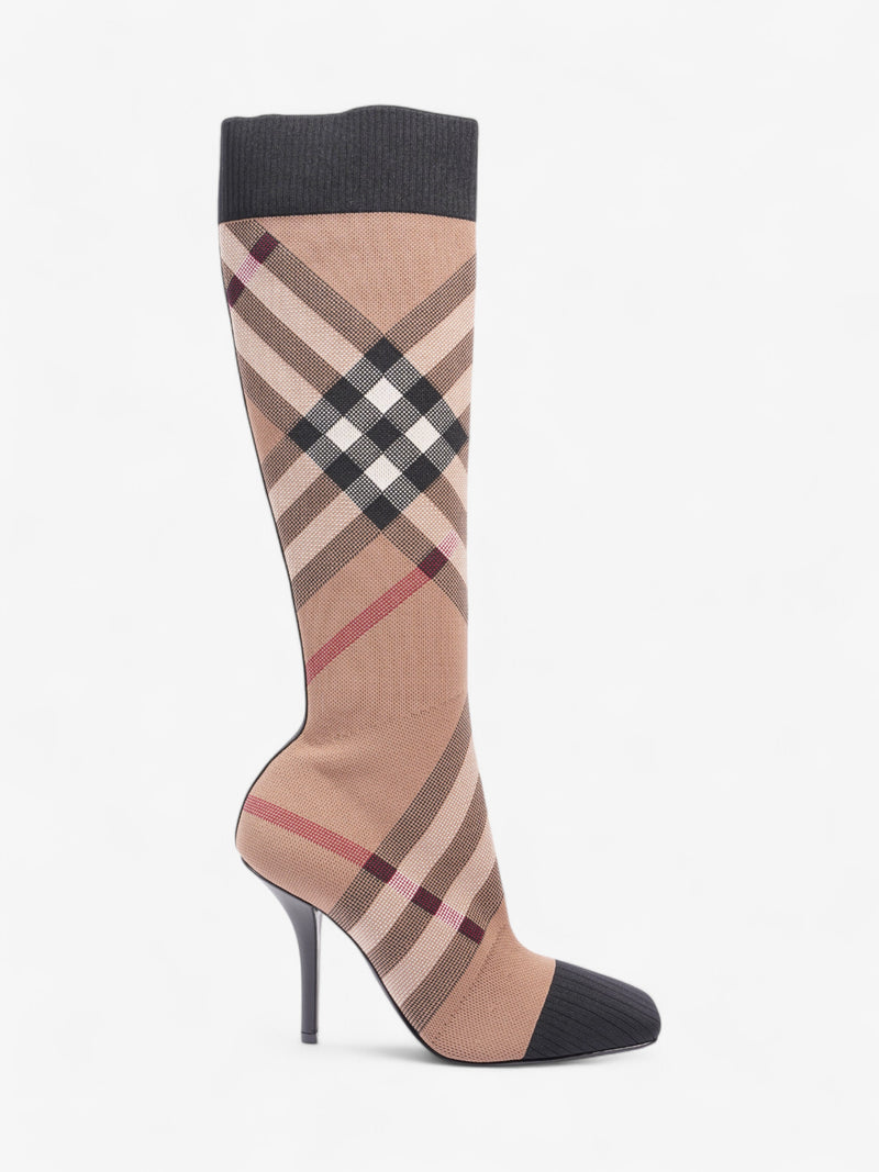  Burberry Vintage Check Sock Knee Boots 105 Brown / Black / White Fabric EU 37 UK 4