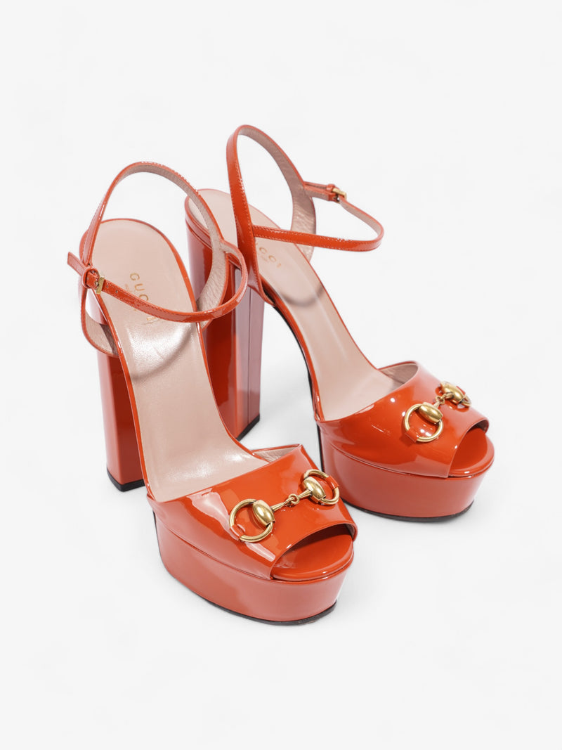  Gucci Horsebit Platform Sandals 15.5cm Orange Patent Leather EU 39 UK 6