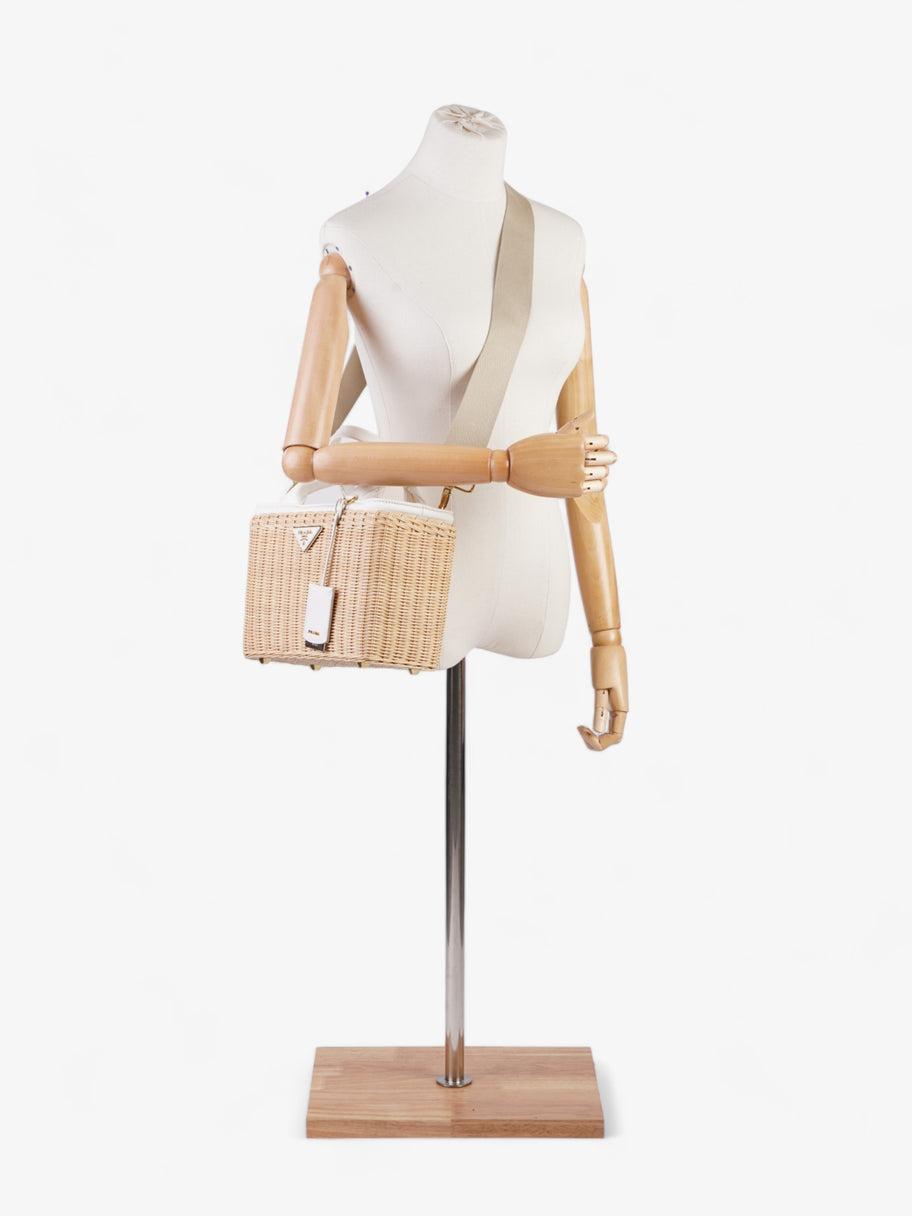 Prada Medium Wicker And Linen Blend Tote Tan / White Wicker Image 2