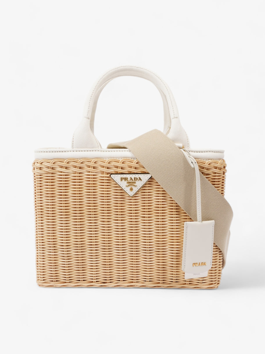 Prada Medium Wicker And Linen Blend Tote Tan / White Wicker Image 1