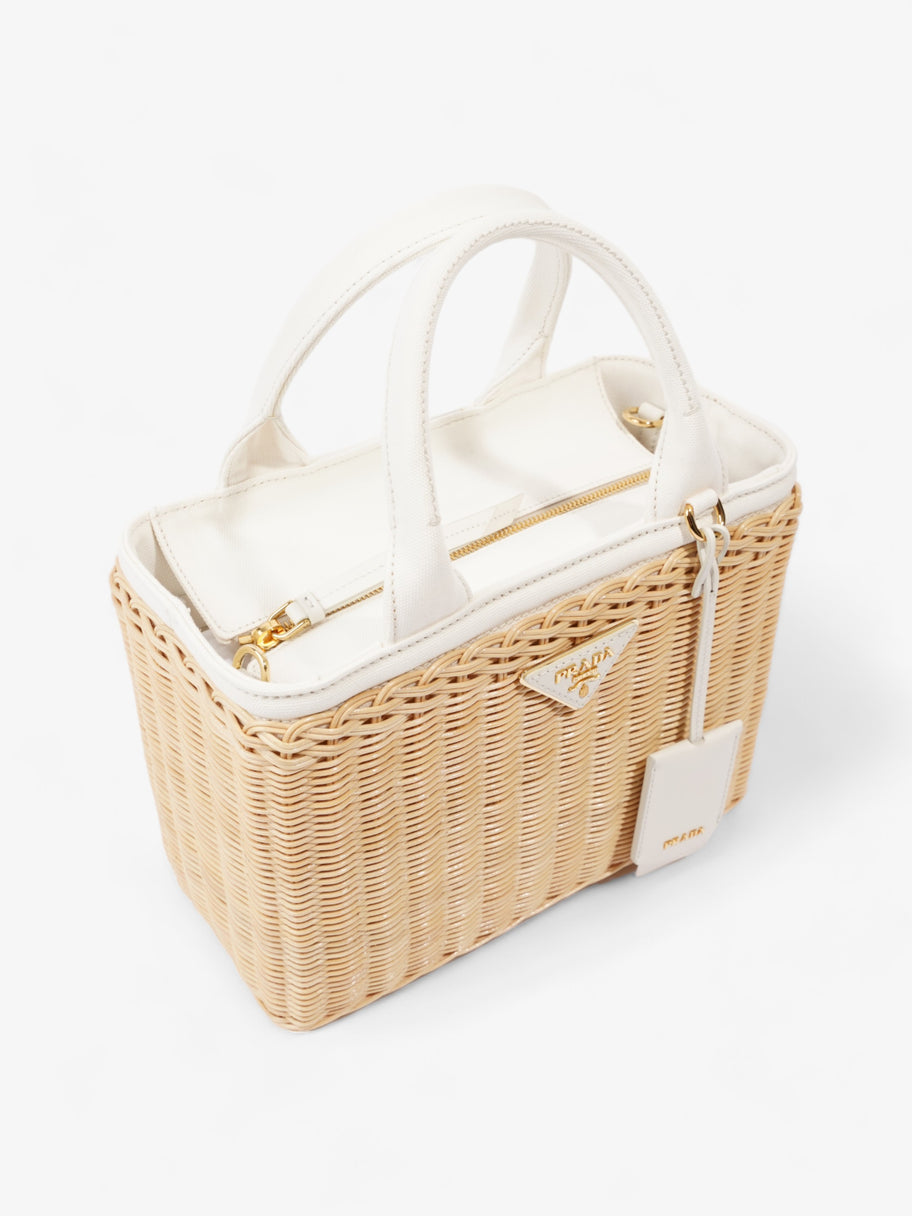 Prada Medium Wicker And Linen Blend Tote Tan / White Wicker Image 7