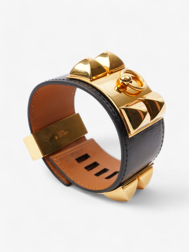  Hermes Collier De Chien Bracelet Black / Gold Calfskin Leather T2 (Small)