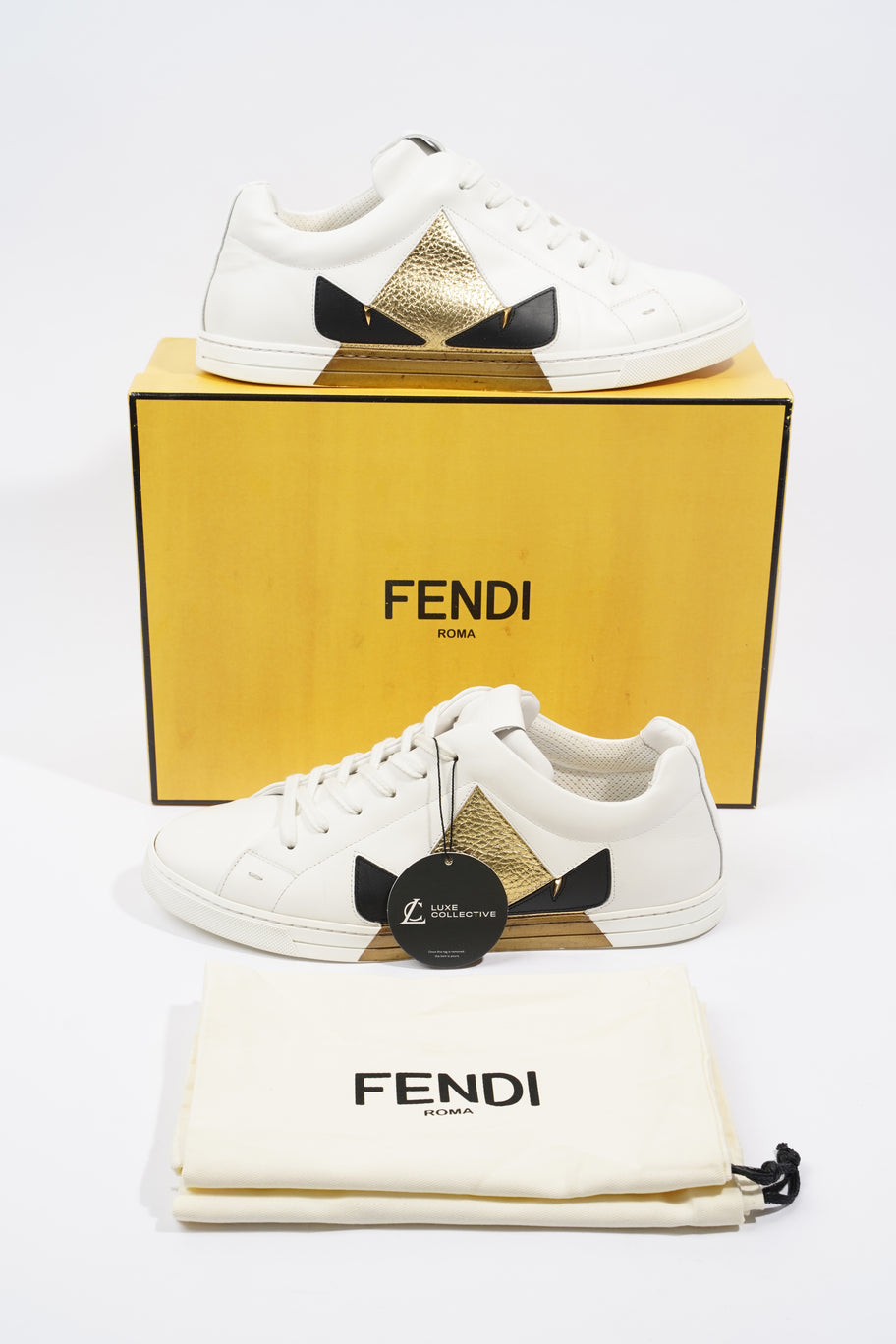 Fendi Monster Eyes Sneaker White Gold Black Leather EU 42 UK 8 Luxe Collective