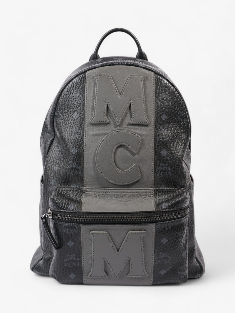  MCM Stark Logo Stripe Backpack Black / Grey Coated Canvas