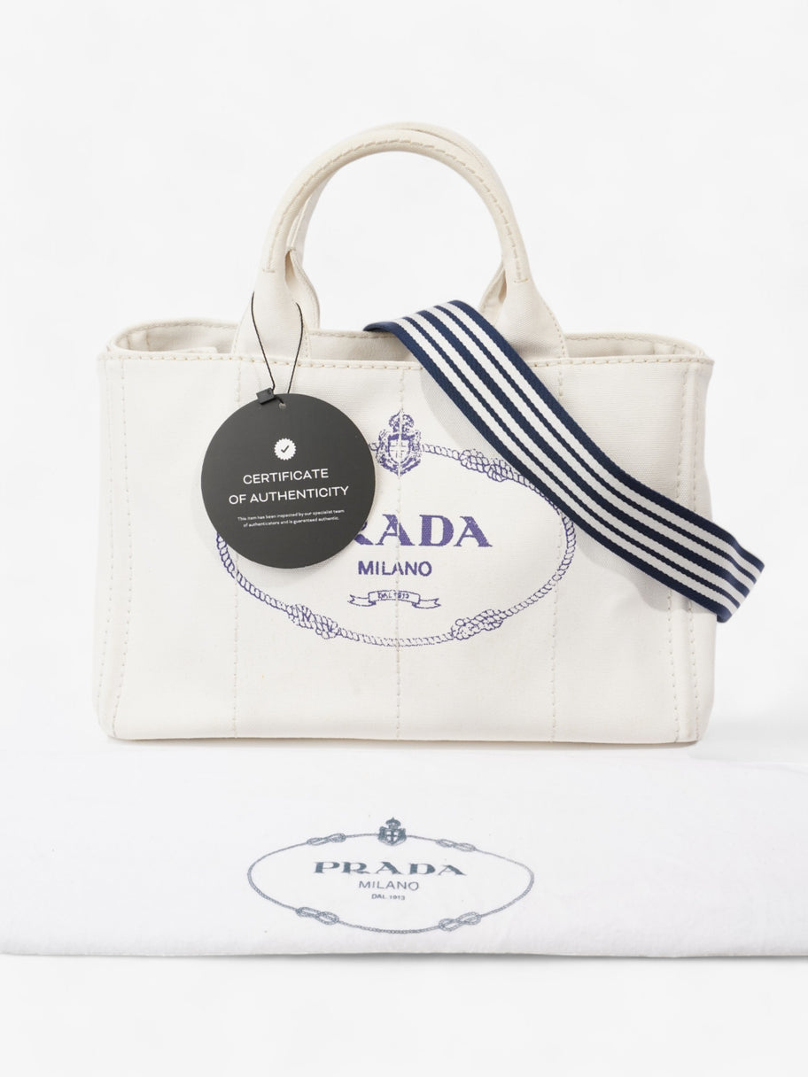 Prada Canapa Tote White Navy Blue Canvas Medium Luxe Collective