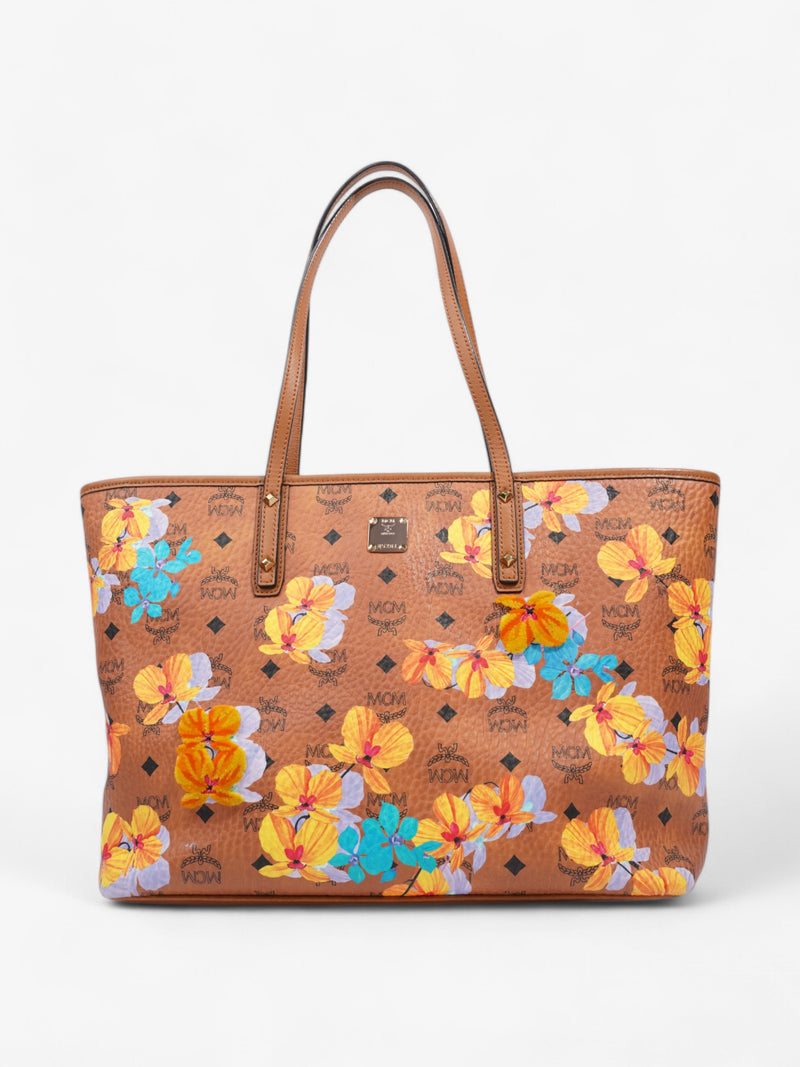  MCM Visetos Floral Print Medium Essential Zip Top Shopper Tote Tan / Multicolour Leather Medium