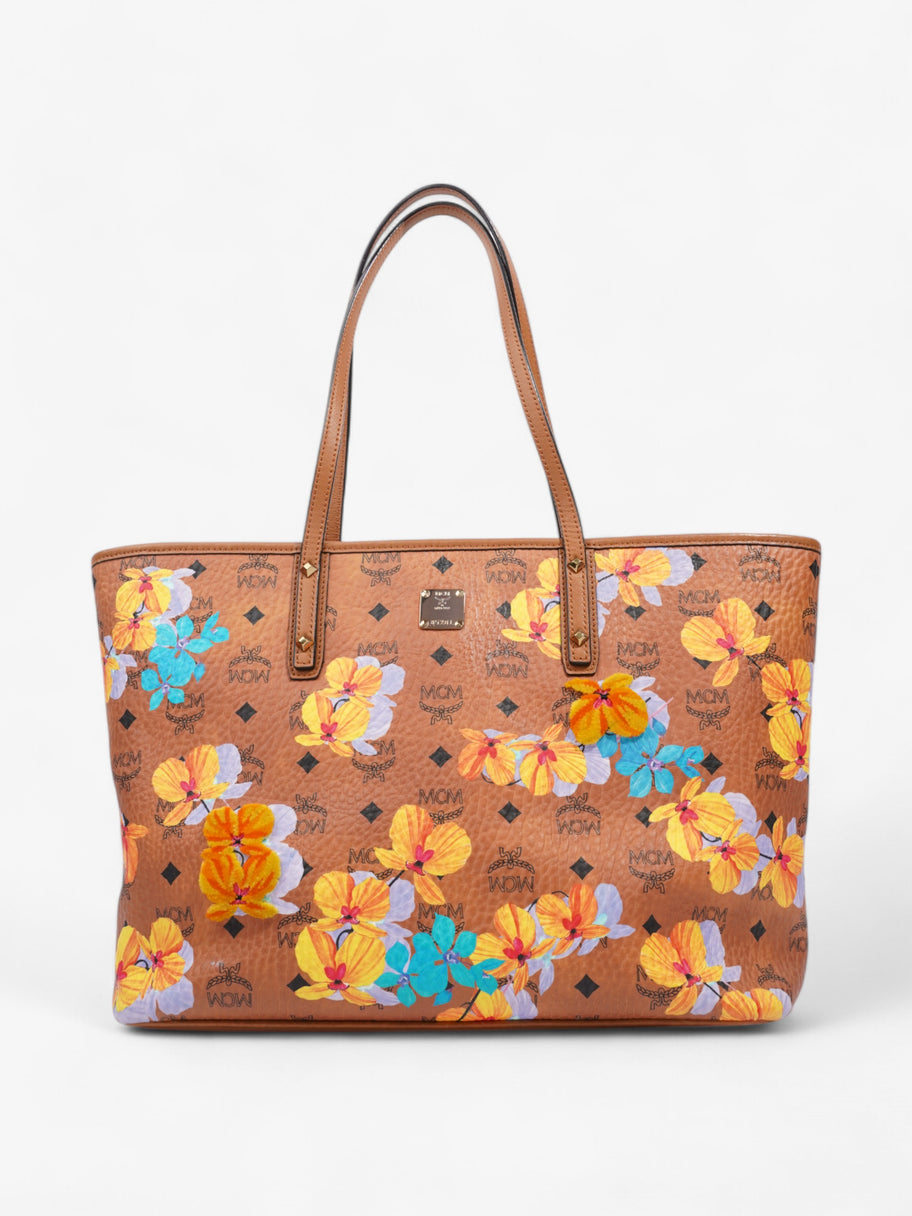 MCM Visetos Floral Print Medium Essential Zip Top Shopper Tote Tan / Multicolour Leather Medium Image 1