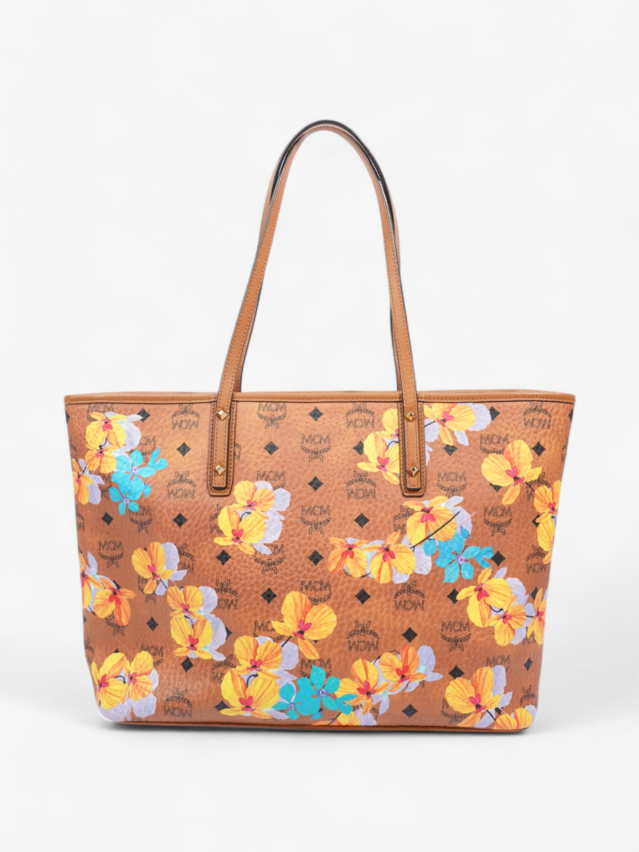 MCM Visetos Floral Print Medium Essential Zip Top Shopper Tote Tan / Multicolour Leather Medium Image 4