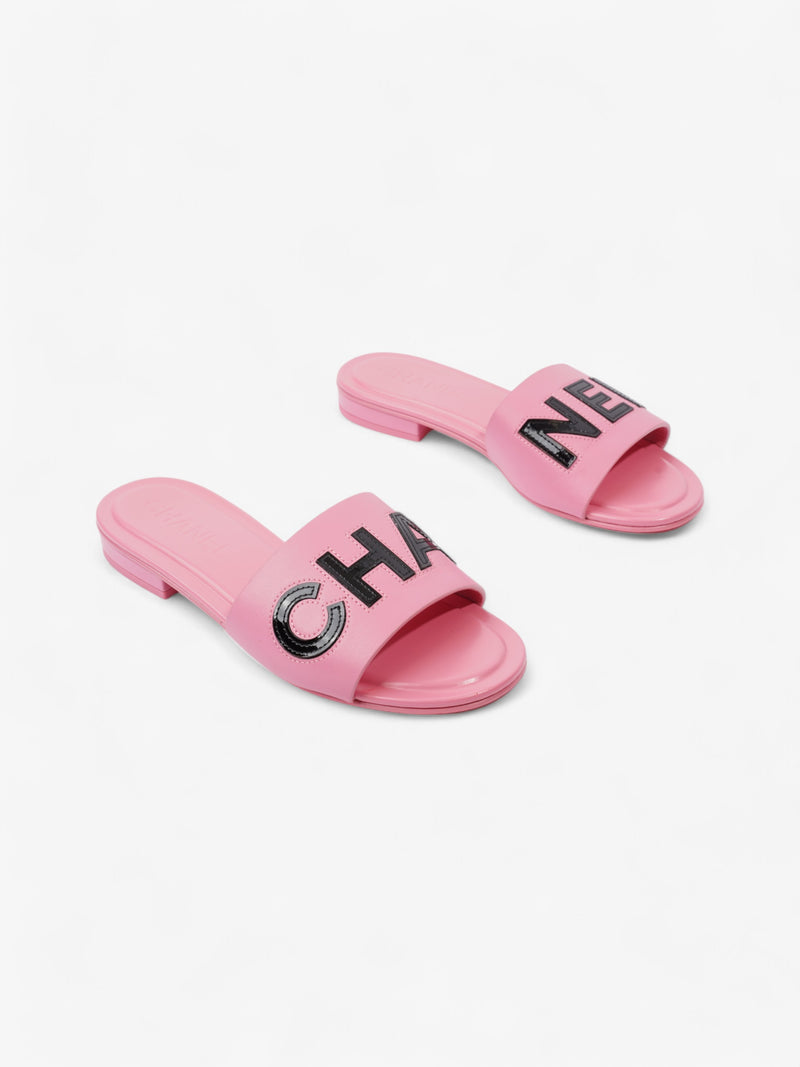  Chanel Logo Slides Pink / Black Leather EU 37 UK 4