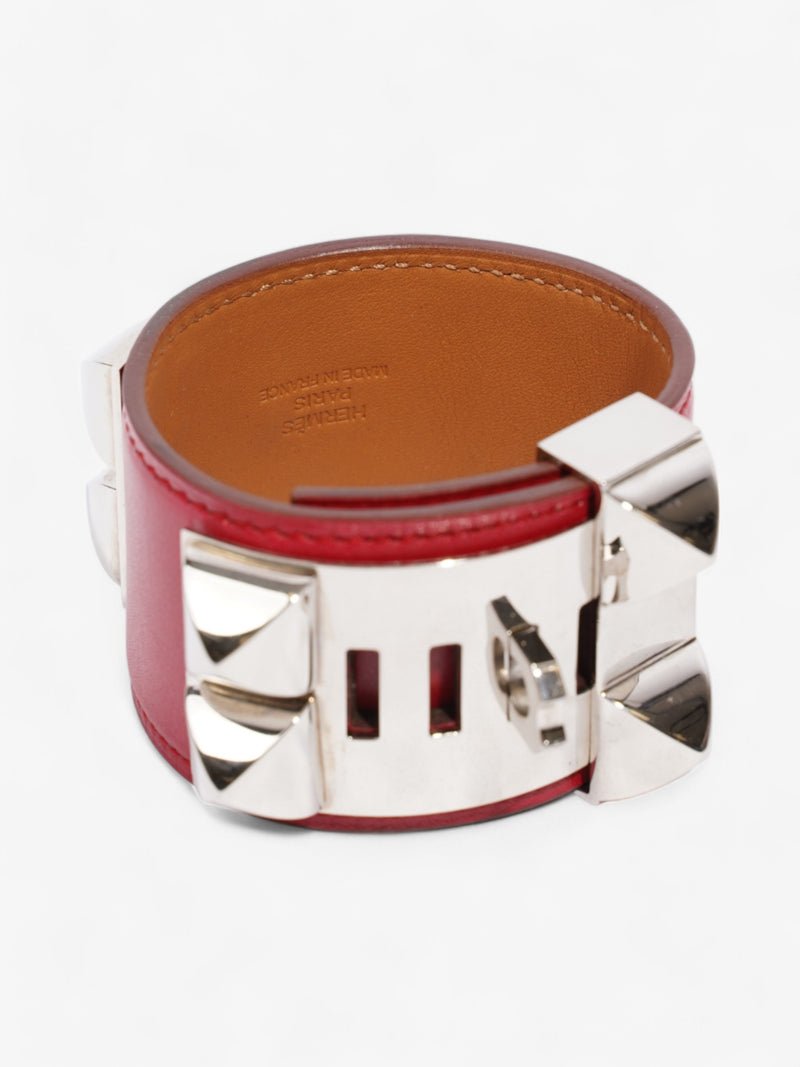  Hermes Collier De Chien Bracelet Rouge / Palladium Calfskin Leather T3 (Medium)