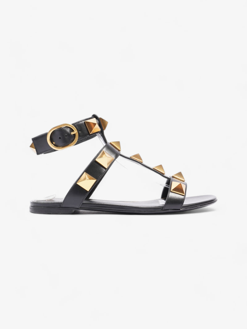  Valentino Roman Stud Flat Sandals Black / Gold Calfskin Leather EU 38 UK 5