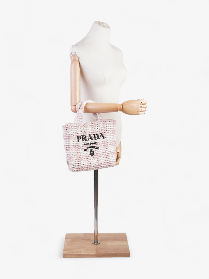  Prada Logo Tote Bag Pink / White / Black Raffia Small