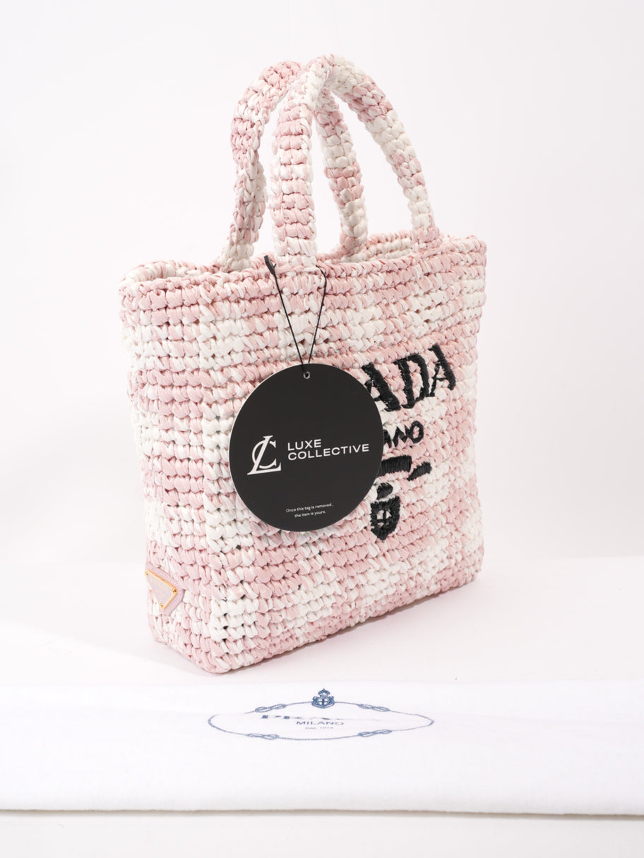 Prada Logo Tote Bag Pink White Black Raffia Small Luxe Collective