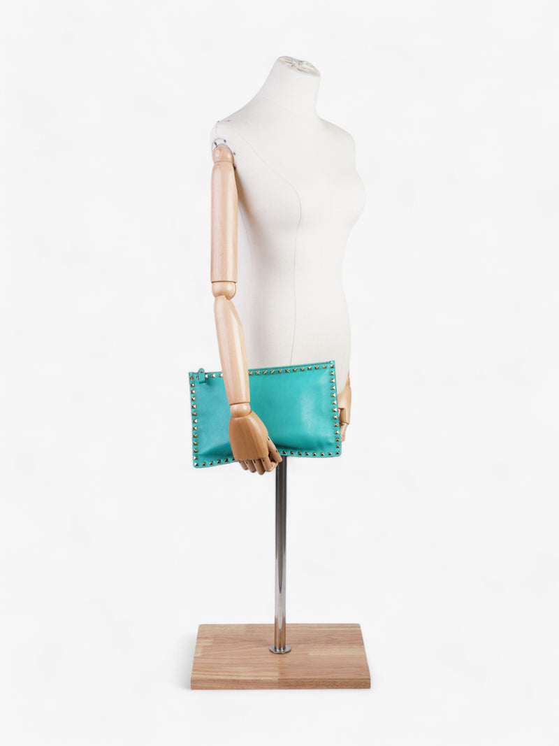  Valentino Rockstud Clutch Teal Green Leather