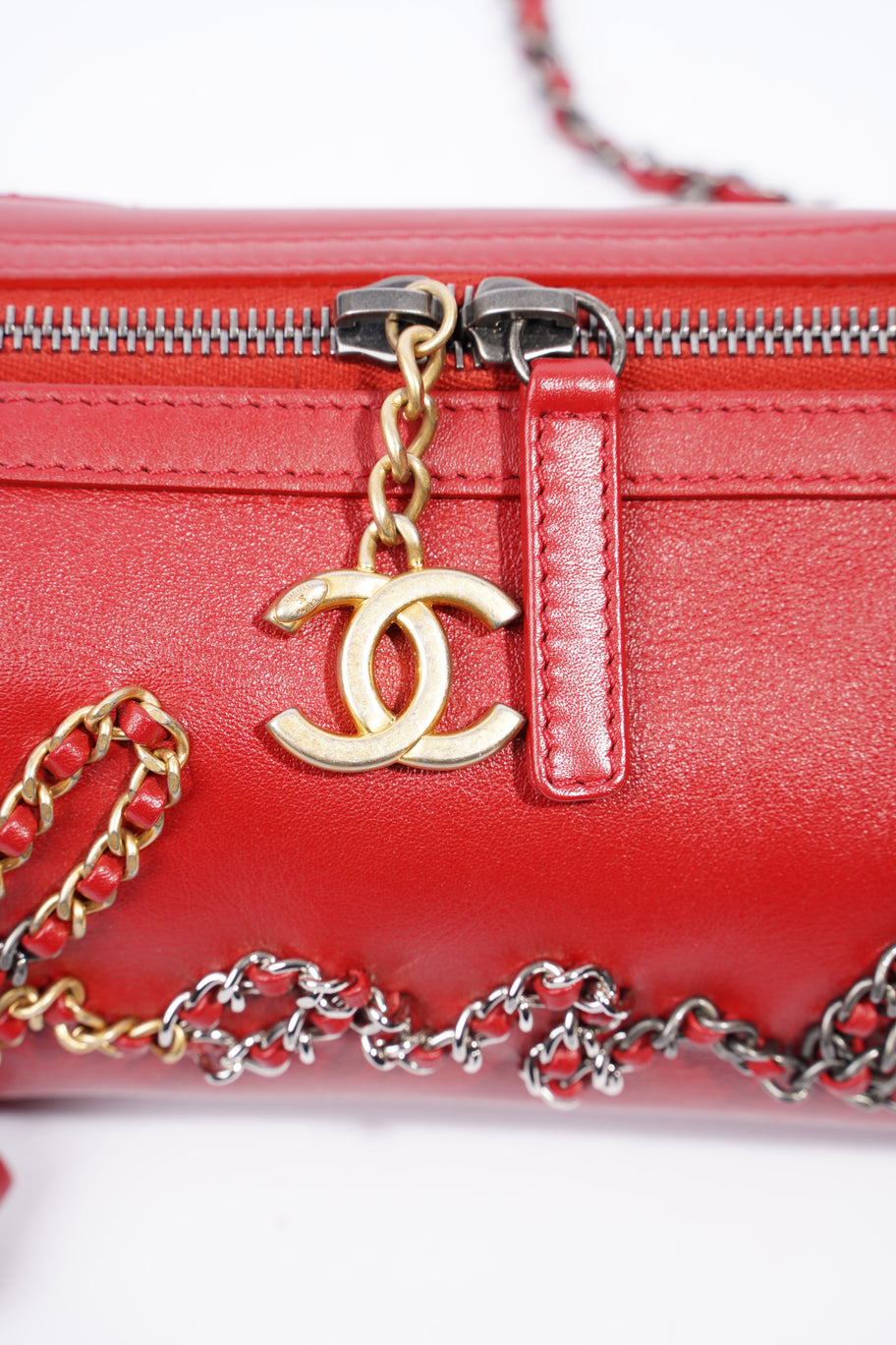 Chain Bowling Bag Red Lambskin Leather Image 13