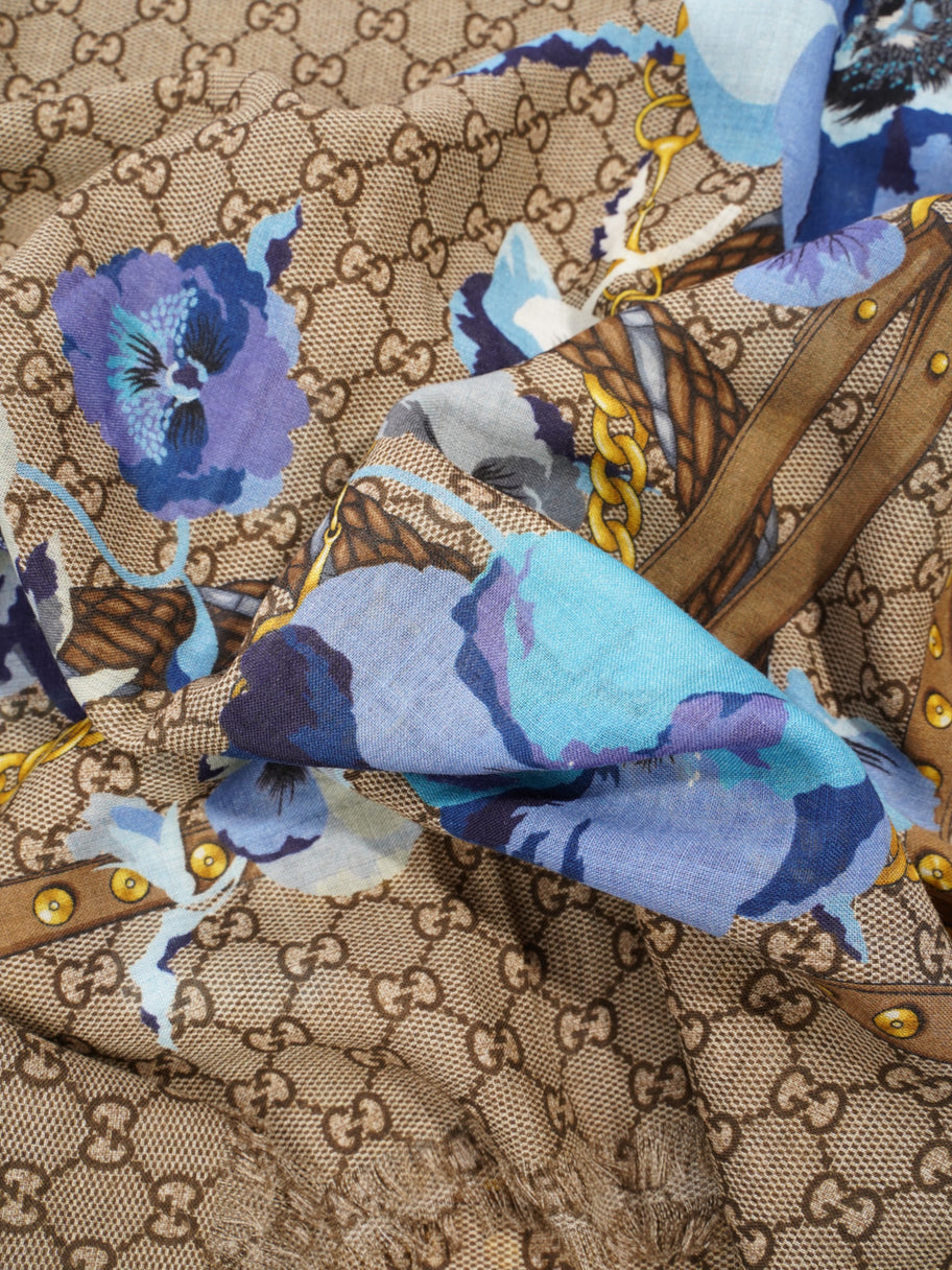 Gucci GG Floral Print Scarf GG Supreme / Blue / Gold Wool Image 4