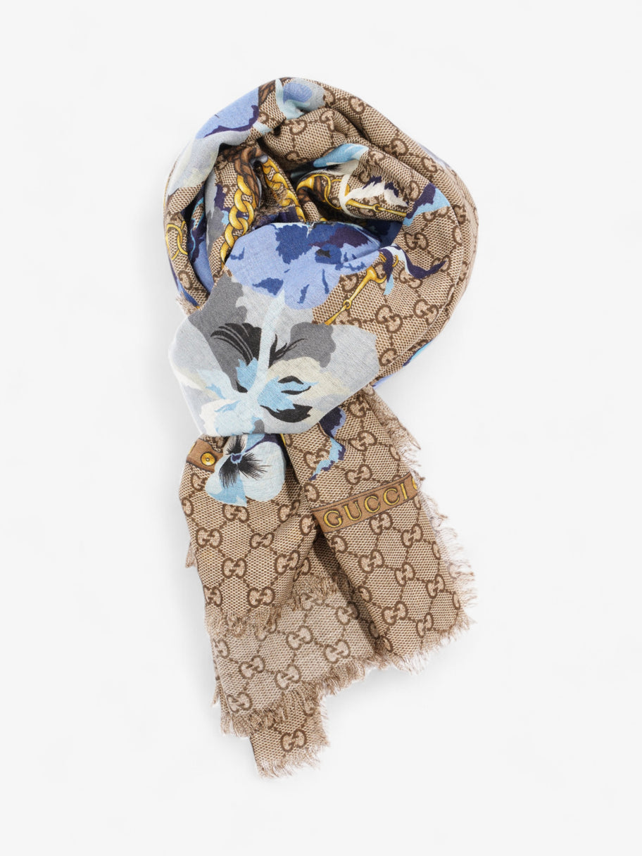 Gucci GG Floral Print Scarf GG Supreme / Blue / Gold Wool Image 5