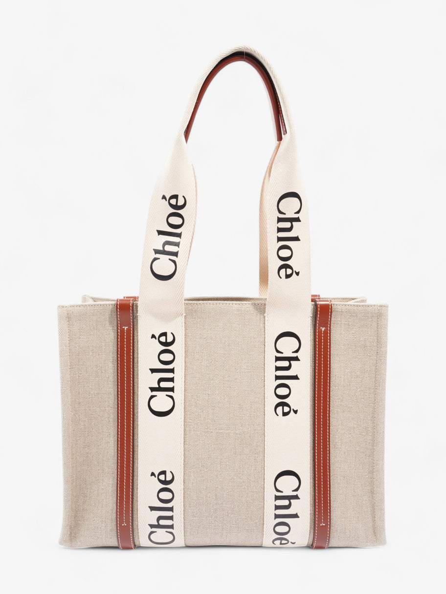 Chloe Woody Tote White Brown Cotton Medium Image 1