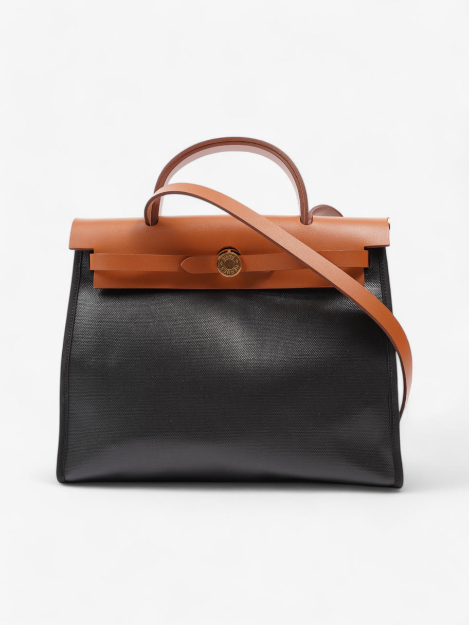 Hermes Herbag Zip Black Tan Canvas 31 Luxe Collective