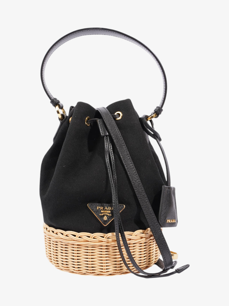  Prada Wicker Bucket Bag Black / Natural Canvas