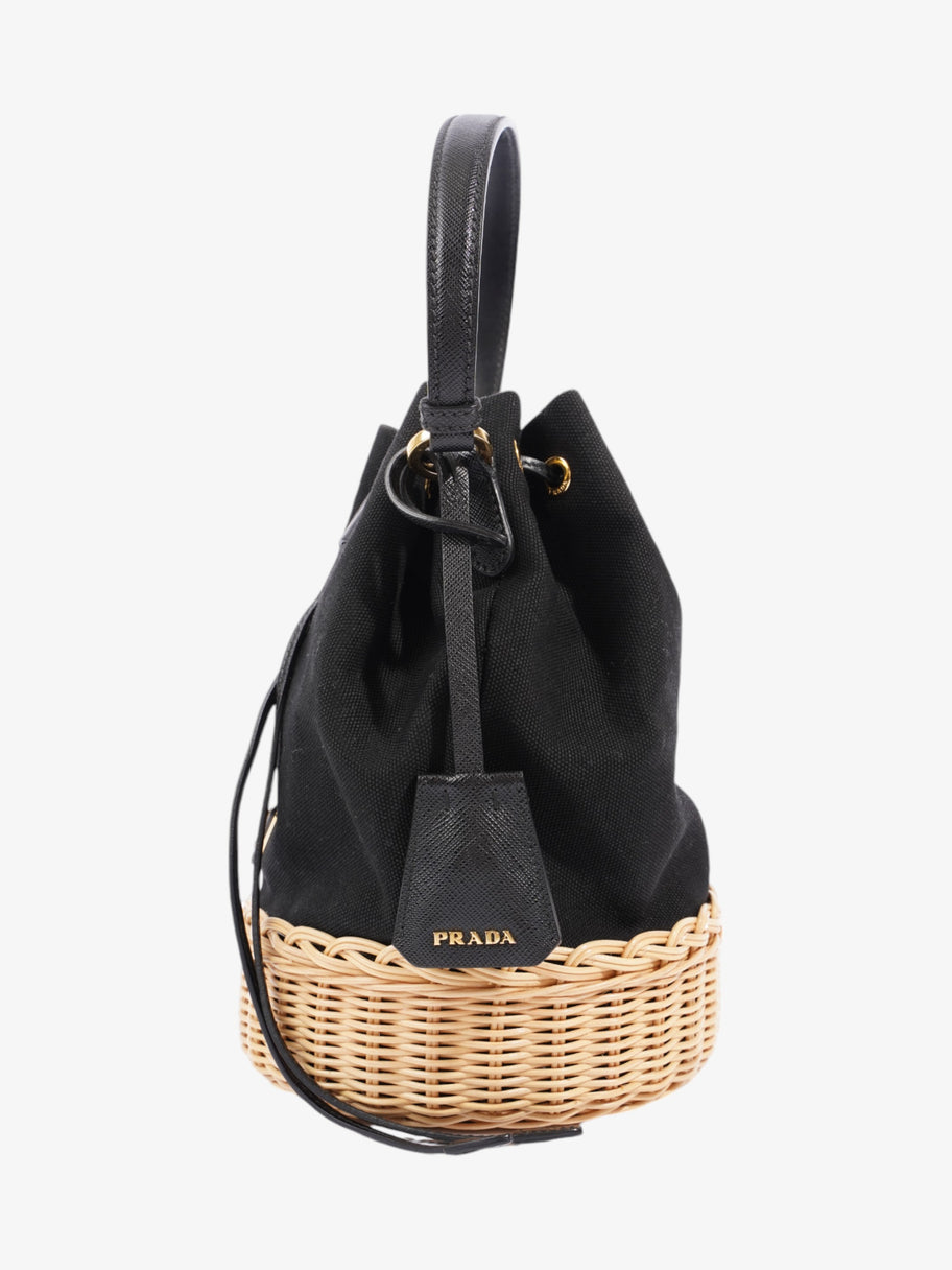 Prada Wicker Bucket Bag Black / Natural Canvas Image 3