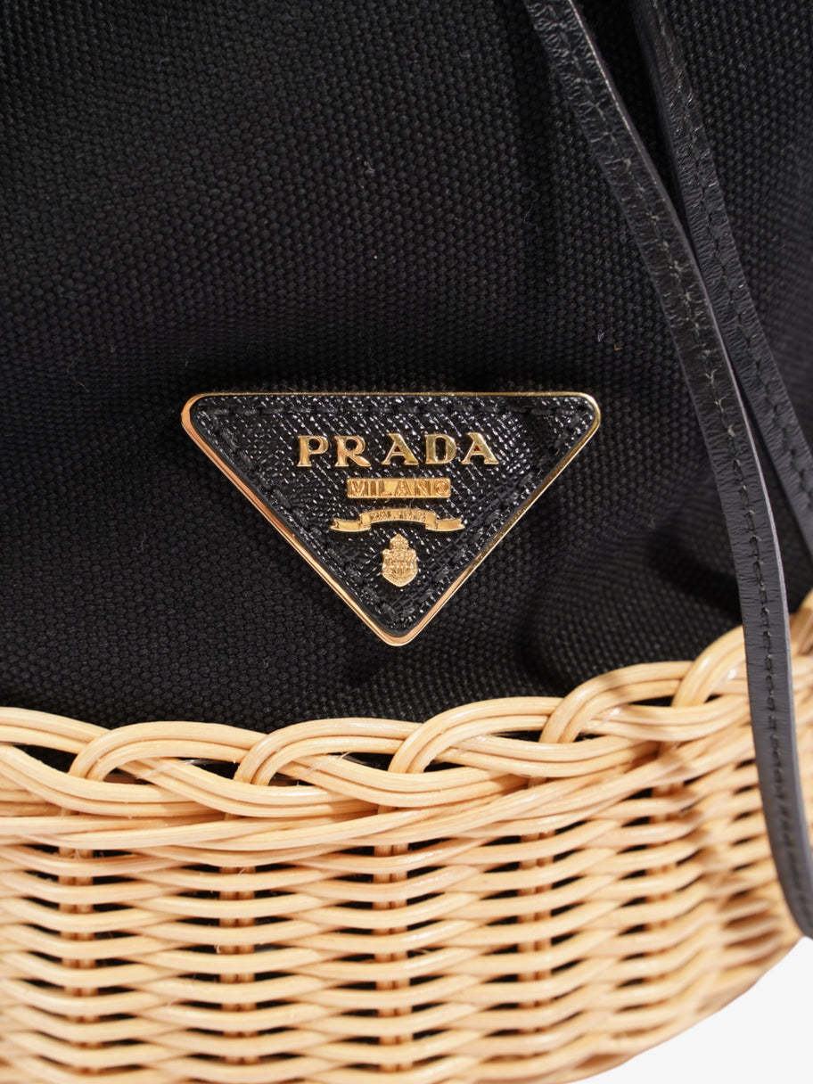 Prada Wicker Bucket Bag Black / Natural Canvas Image 7