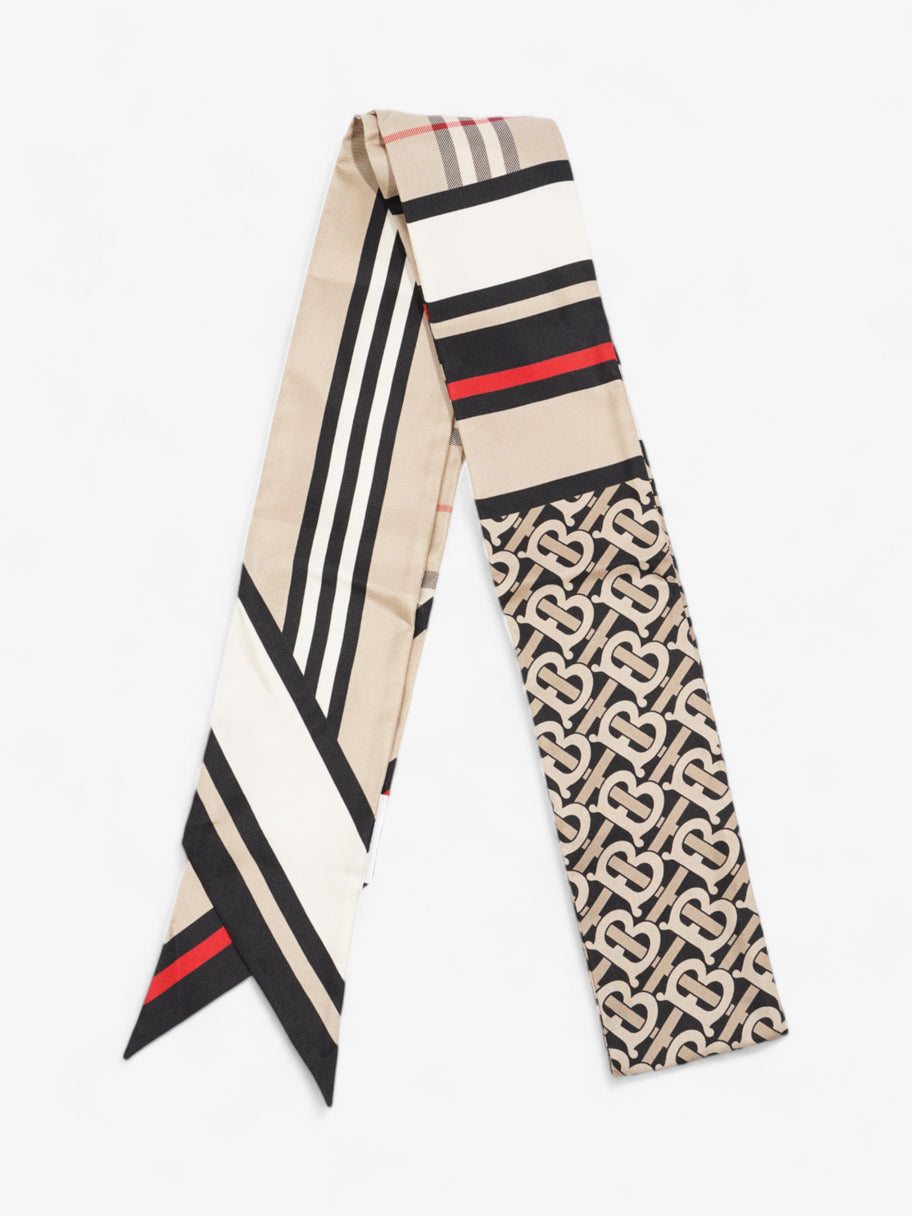 Burberry Triple Check Monogram Stripe Skinny Scarf Archive Beige Silk Image 1