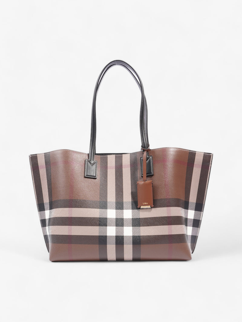  Burberry Check Tote Dark Birch Brown Calfskin Leather Medium