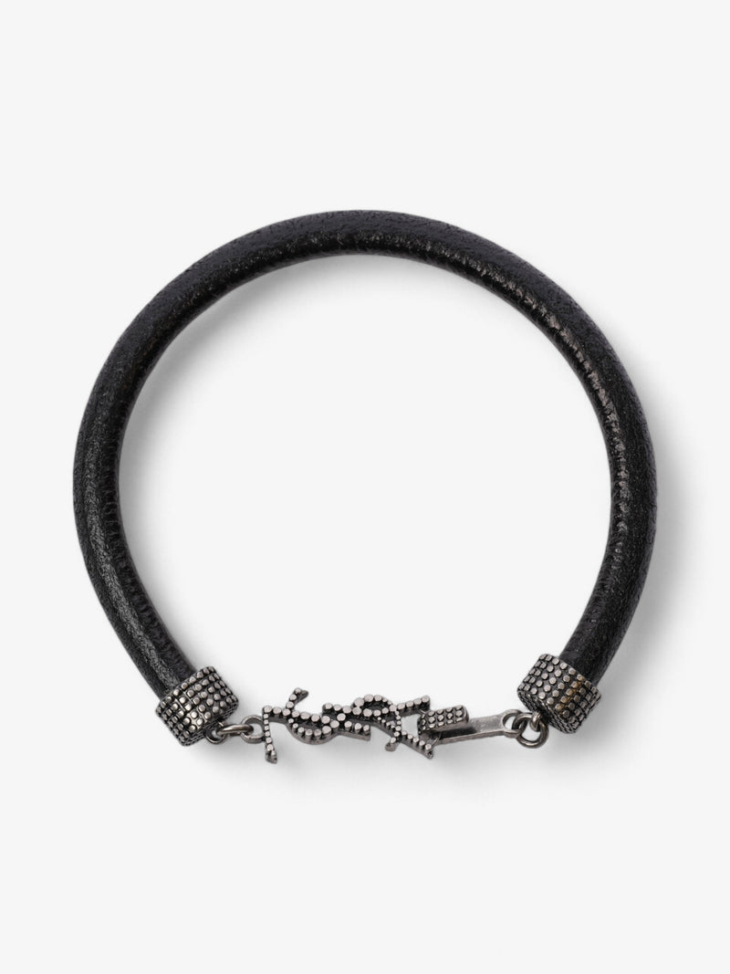  Saint Laurent Logo Hook Bracelet Black / Silver Tone Leather Medium