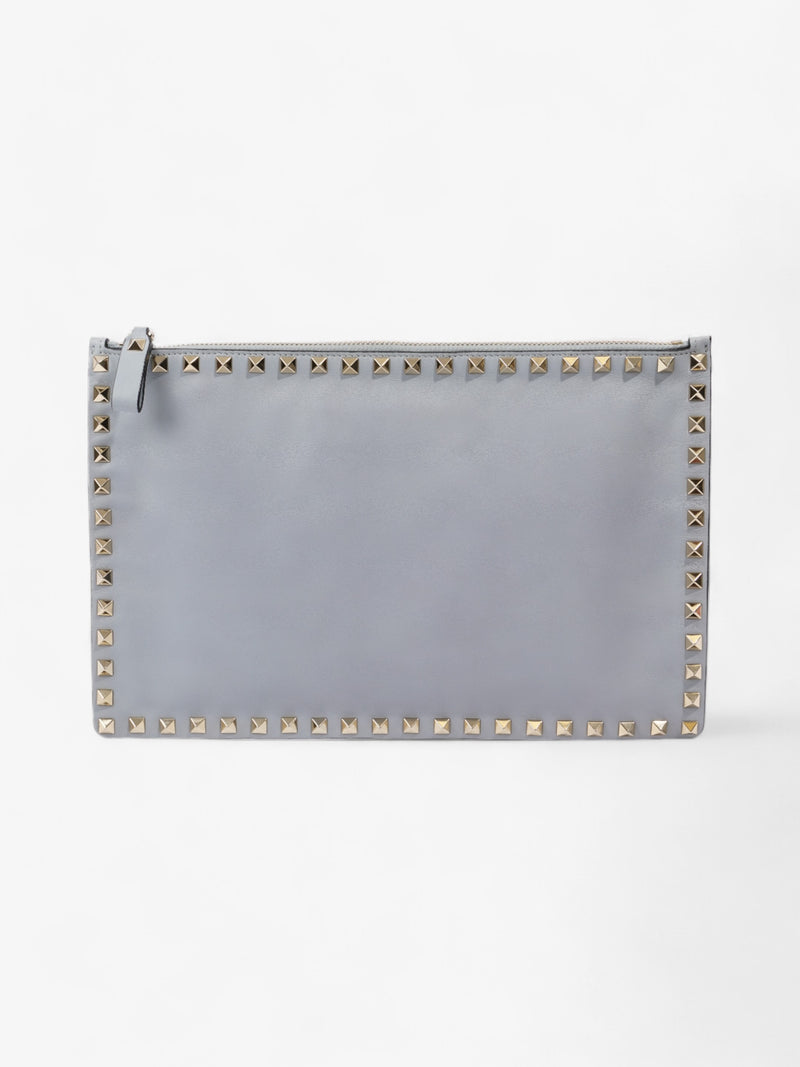  Valentino Rockstud Zip Clutch Blue Grey Calfskin Leather Large