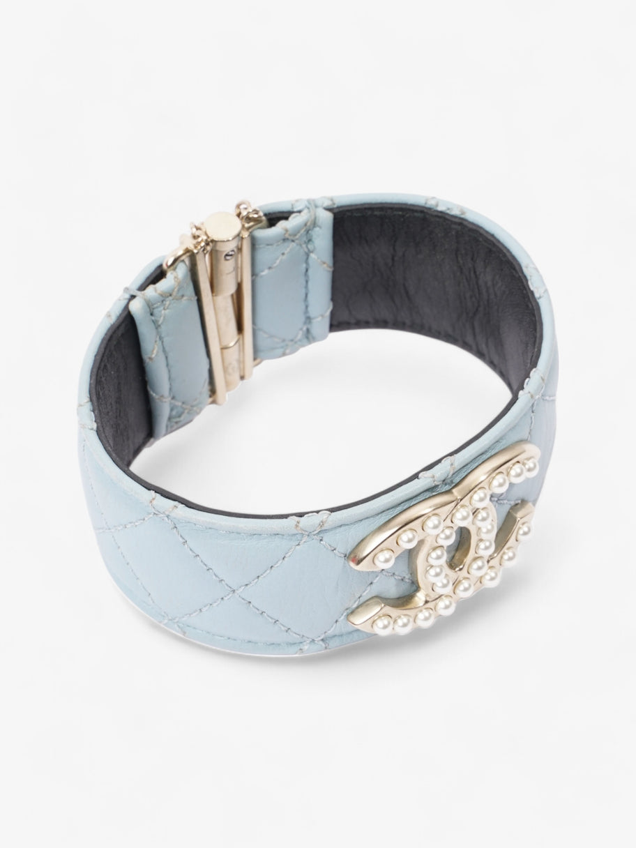 Chanel CC Pearl Cuff Bracelet Baby Blue / Light Gold Leather Image 3