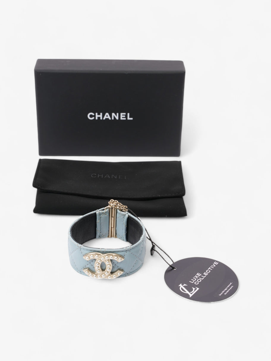 Chanel CC Pearl Cuff Bracelet Baby Blue / Light Gold Leather Image 6