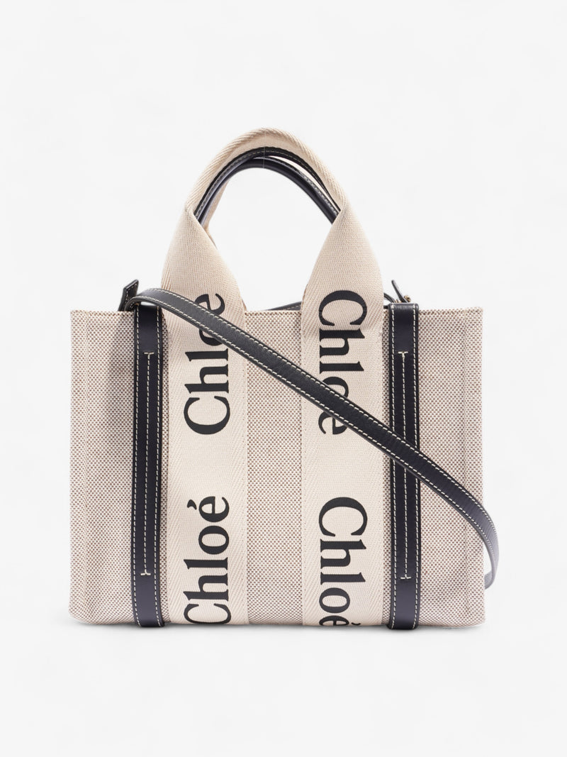  Chloe Woody Tote Beige / Navy Blue Linen Small