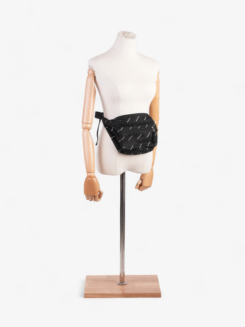  Balenciaga All Over Logo Explorer Belt Bag Black / White Nylon
