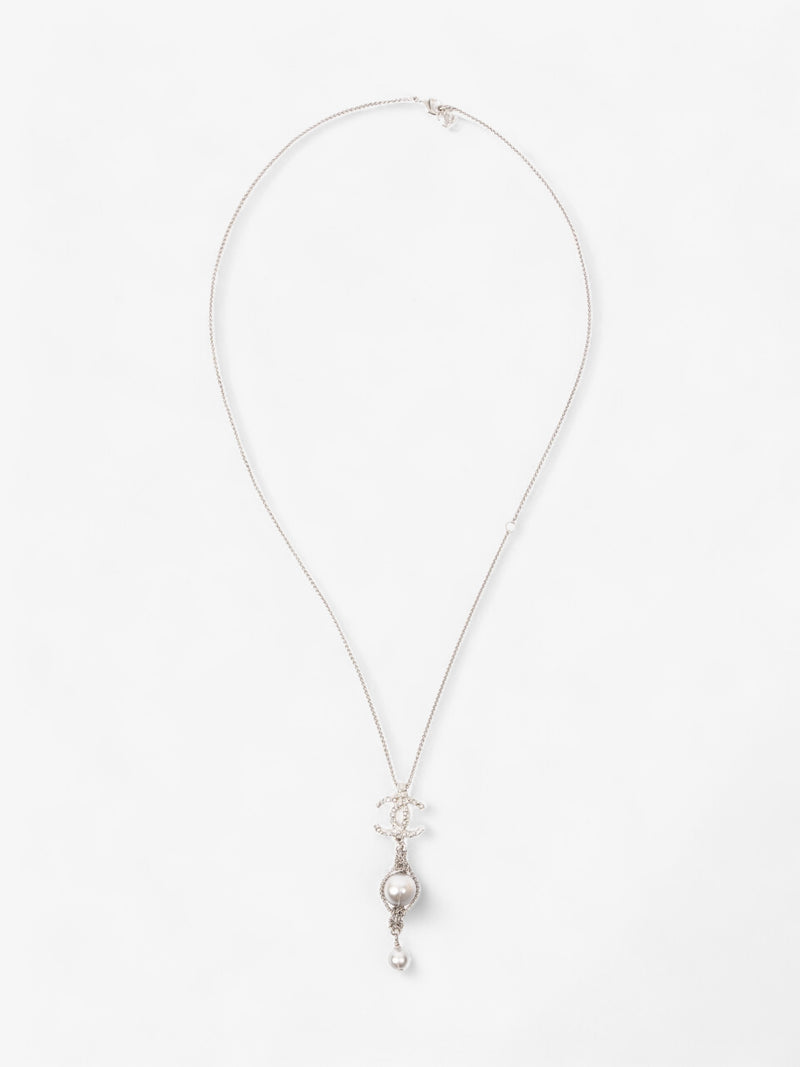  Chanel CC Pearl Drop Necklace Silver Silver Sterling