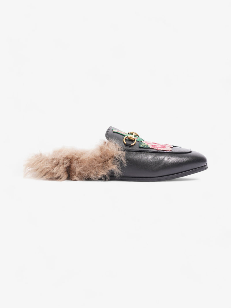  Gucci Princetown Rose Embroidered Horsebit Mules Black / Pink Leather EU 37 UK 4