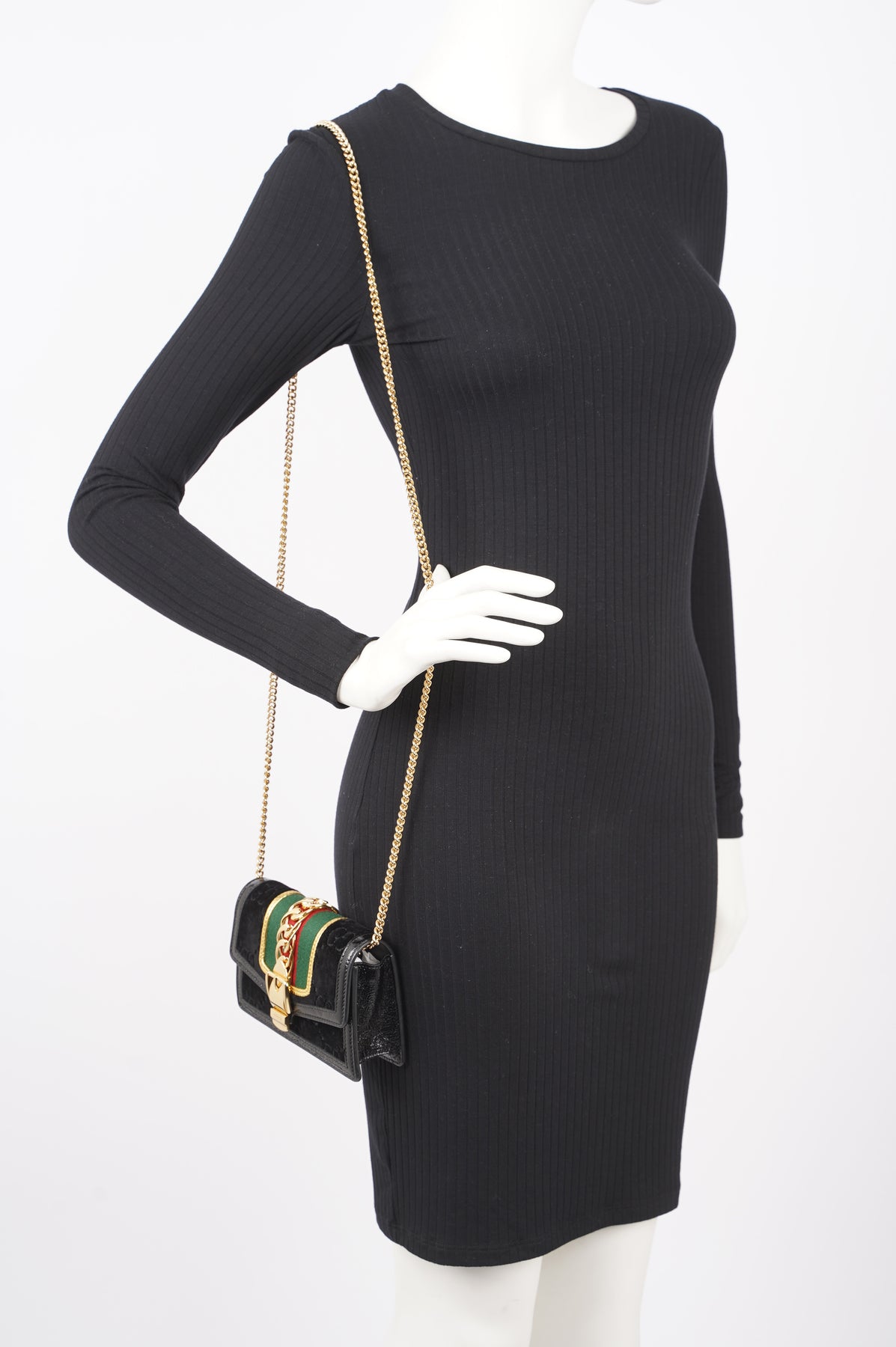 Gucci Calfskin Super Mini Sylvie Chain Shoulder Bag Black